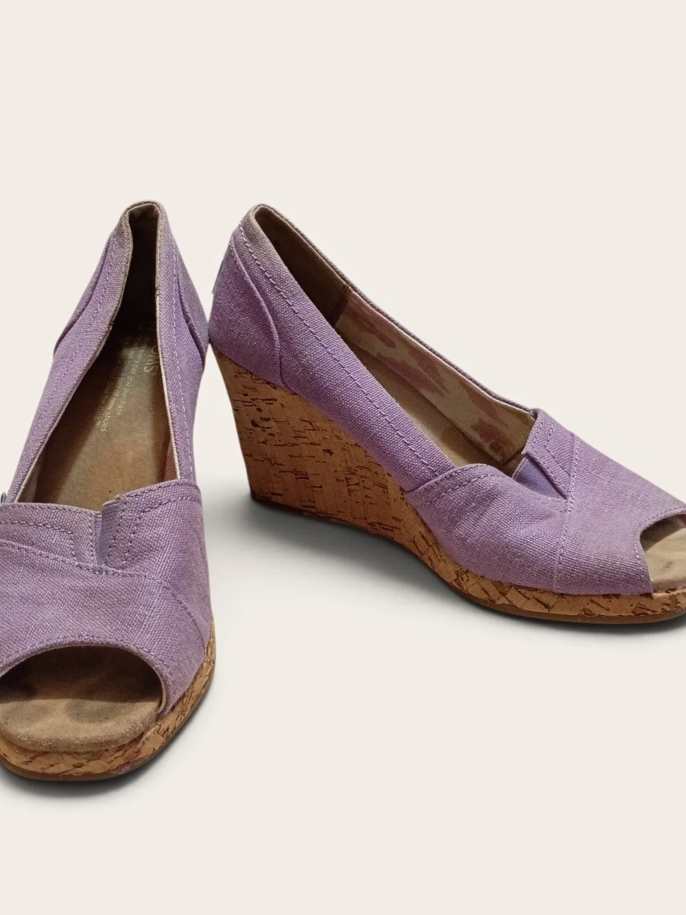 TOMS Lavender Canvas Cork Wedge Peep Toe Heels
